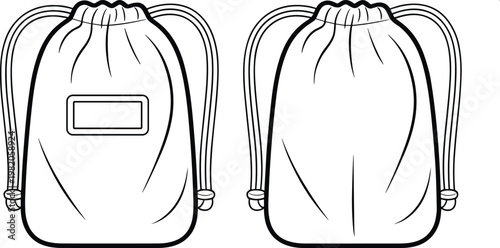 Front and back view of a black and white line art illustration of a drawstring bag accessory design
