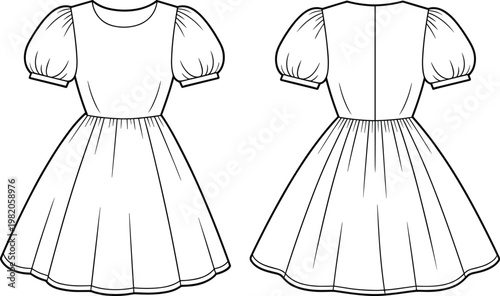 Front and back view of a black and white line drawing of a puff-sleeve dress clothing apparel