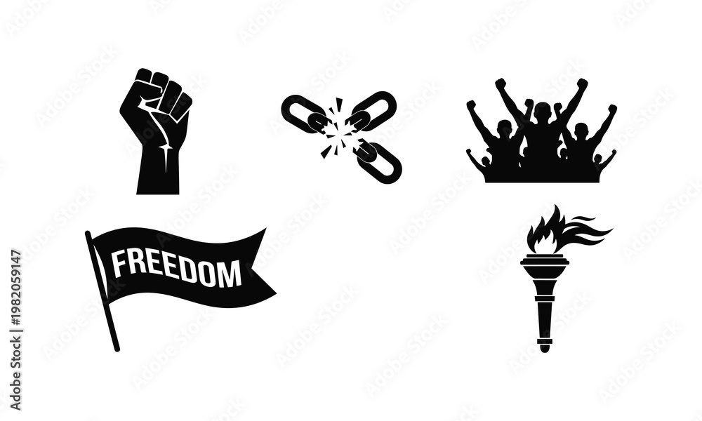 Fototapeta premium Freedom concept with raised fist broken chain and torch vector silhouette illustration art.