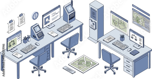 Modern Isometric Workspace for Real Estate Law and Digital Contracts with Blockchain Technology Integration
