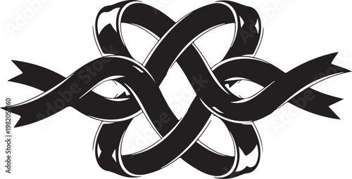 Black ribbon knot, twisted bow, vector graphic, knot illustration, ribbon design