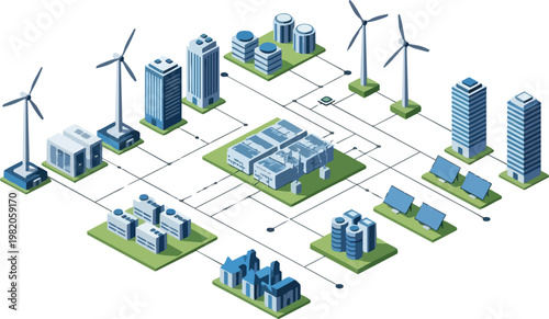 Isometric Smart City Green Energy Grid Illustration with Wind Turbines and Solar Panels for Sustainable Urban Development