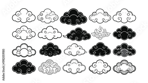 Collection of various cloud shapes and designs.