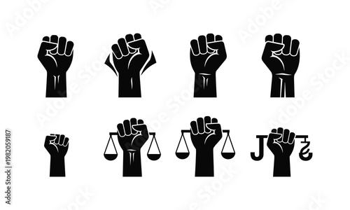 Raised fist silhouette vector illustration, justice and freedom symbols.