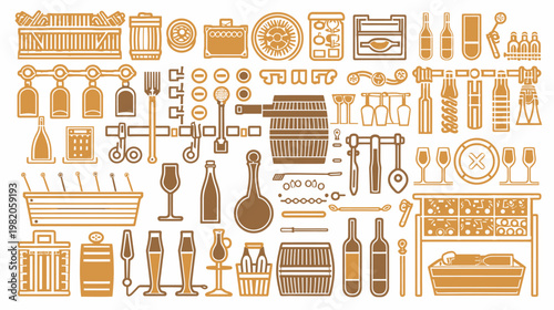 Two-toned schematic of various wine production elements in a stacked arrangement