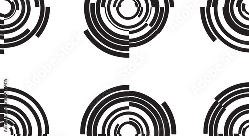 Black circular line icons, semicircle shapes, geometric patterns, abstract elements, vector graphics