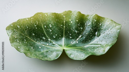 A green leaf with dewdrops conveys a sense of freshness, creating an atmospheric backdrop for natural harmony.