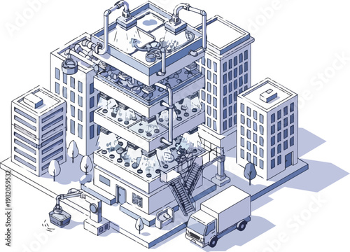 Isometric Illustration of a Smart Vertical Farm in a Modern City for Sustainable Urban Agriculture and Automated Food Production