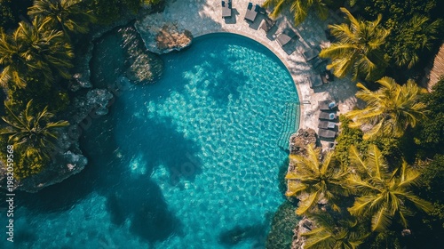 The turquoise pool, nestled amongst palm trees and rocks, exudes a sense of tranquillity, creating the perfect backdrop for a tropical getaway.