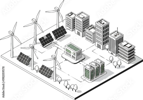 Sustainable Smart City Microgrid Isometric Illustration; Renewable Energy Infrastructure with Wind Turbines, Solar Panels, and Battery Storage for Net Zero Urban Planning