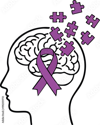 Alzheimer Awareness Brain Puzzle Ribbon, Memory Loss Awareness Head Vector