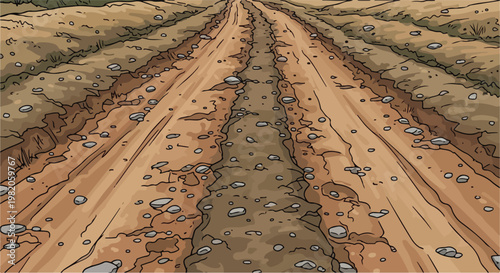 Rough Dirt Road with Tire Tracks and Stones Vector Illustration
