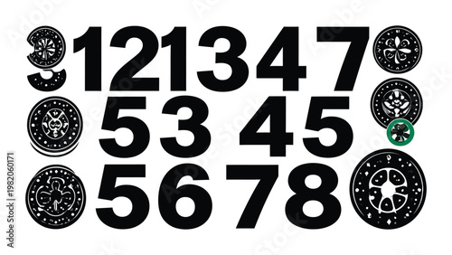 Black numbers and clock faces illustration.