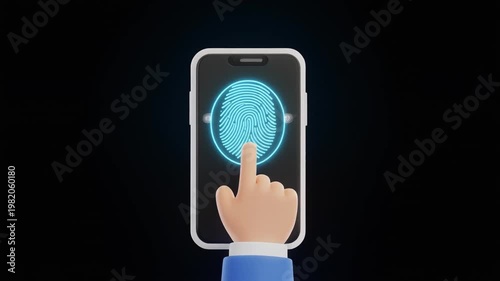 Smartphone with glowing fingerprint icon pressed by cartoon hand, abstract visualization of biometric authentication and identity verification.