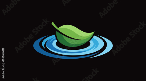 A vibrant green leaf floating on serene water ripples embodies harmony and nature, highlighting sustainability and environmental themes in a fresh, artistic style.