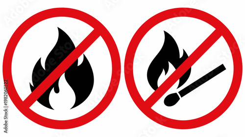 This image illustrates two warning signs, one prohibiting fire and the other restricting the use of matches, effectively communicating safety protocols regarding fire hazards.