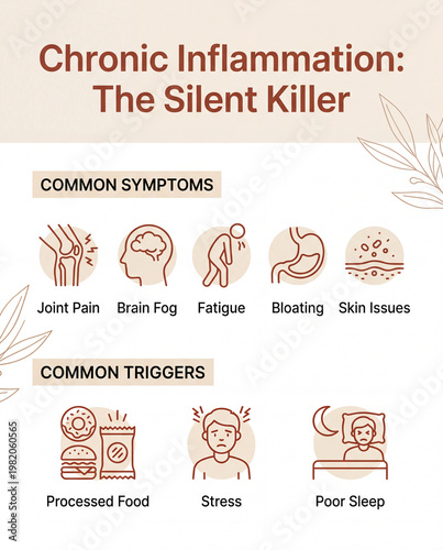 Chronic inflammation silent killer editorial infographic, common symptoms and triggers awareness poster