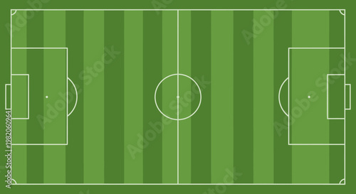 Empty soccer football field from top view with white markings and green striped grass, ready for play.