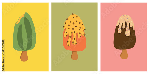 Ice cream poster set modern dessert wall art collection. Colorful dessert illustrations for wall art, kitchen decor, cafe design, prints and summer themed projects.