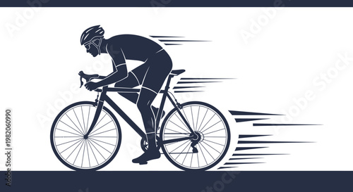 Dynamic Male Cyclist Silhouette in Motion with Speed Lines, Blue Monochrome Illustration