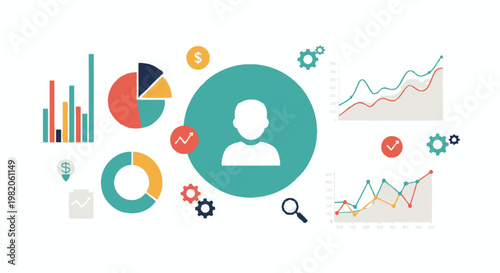 User profile icon surrounded by data analytics charts, graphs, and business intelligence elements, illustrating customer insights and marketing strategy in bright studio.
