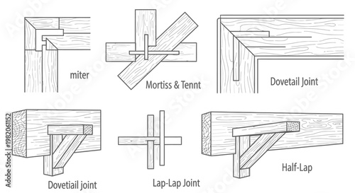 Detailed diagram of various woodworking joints including miter, mortise and tenon, dovetail, lap-lap, and half-lap, illustrating carpentry techniques on isolated white background.