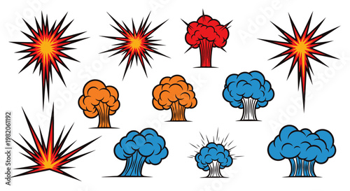 Colorful Set of Comic Book Style Explosion and Abstract Cloud Shape Effect Elements on Isolated White Background