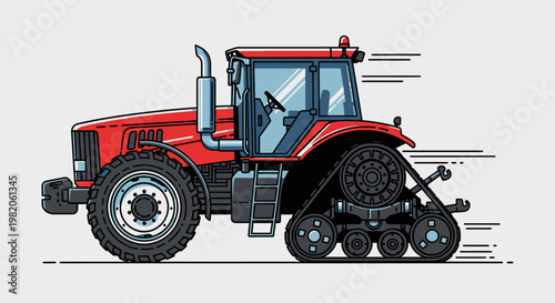 Powerful red tractor with track wheels, agricultural farm vehicle in bright studio.