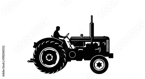 Silhouette of farmer driving vintage agricultural tractor, isolated white background