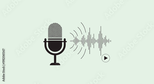 Microphone icon with dynamic sound waves and a play button, representing audio recording, podcasting, and voice communication, on a light green background.