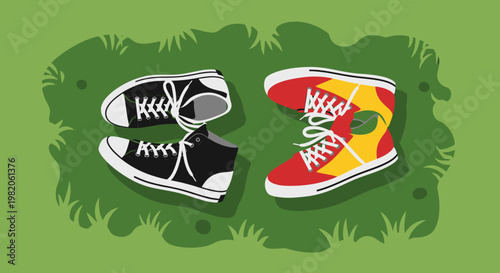 Two pairs of colorful sporty sneakers on green grass, casual footwear
