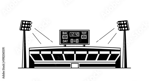 Black and white football stadium with floodlights and scoreboard, ready for a major sports event, isolated white background.