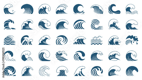 Collection of various wave icons in blue color on white background