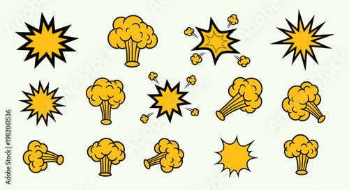 Collection of retro comic book style explosion puffs and starburst icons on a light green background, symbolizing impact and energy.