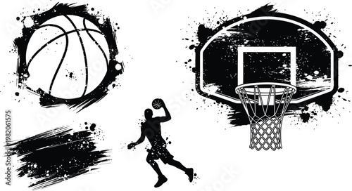 Basketball theme design with ball hoop backboard player silhouette and artistic ink splats.