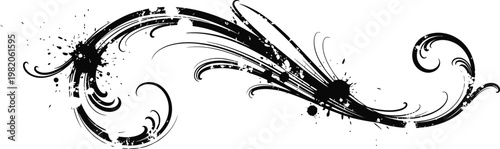 Black ink splash and swirl flourish design on transparent background.