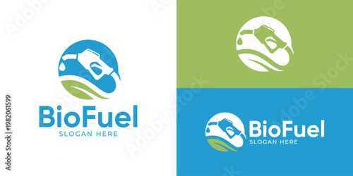 Creative simple bio fuel logo template. Pump nozzle with green leaf symbol, eco fuel logo design vector illustration.