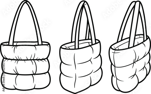 Padded Handbag Front Side and Side Views Vector Fashion Flat Sketch illustration
