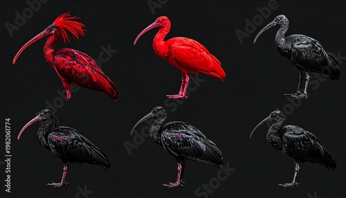 Six birds, scarlet and grayscale, stand against a dark backdrop, showcasing unique color variations and avian form