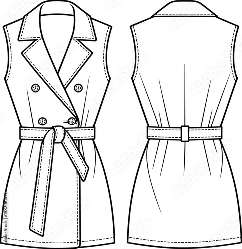 Sleeveless Trench Coat Front and Back Views Vector Fashion Flat Sketch azxs