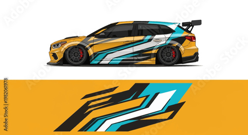 Stylized yellow and teal race car with abstract graphic design on orange background, modern automotive artwork.