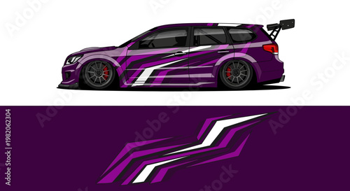 Purple racing car with sleek decals and dynamic stripe design on white backdrop.