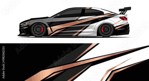 Sleek race car illustration with metallic graphic design.