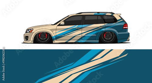 Custom blue and beige racing wagon with bold stripes.