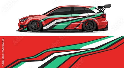 Sleek race car with tricolor green white red livery.