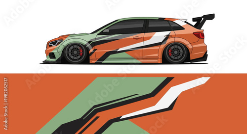Vibrant orange and green sports car with bold racing livery and aerodynamic design.