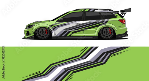 Green and black race car illustration on a stylized road stripe.