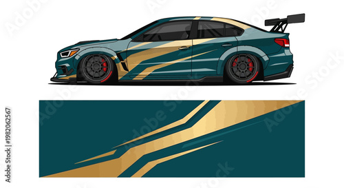 Illustrated race car with teal and gold livery beside abstract banner.