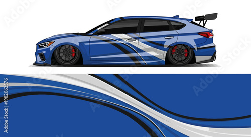 Side view of a blue race car with white swoosh graphics and bold racing livery.