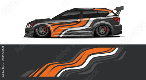 Sleek race car with orange and white racing stripes, dynamic side profile on a dark body.